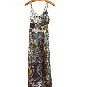 VTG She's Cool Print Empire Waist/Babydoll‎ Maxi Dress-Sz L-Boho-Festival-Hippie